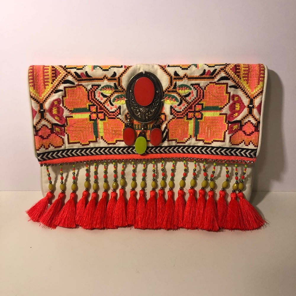 River Island  leather and neon orange clutch